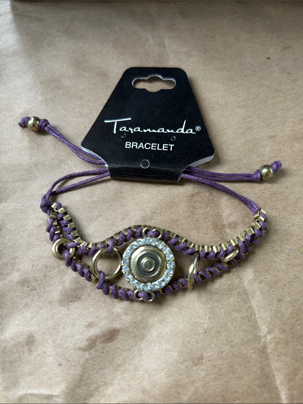 Taramanda Purple Woven Bracelet with Gold Accents and Crystal Center